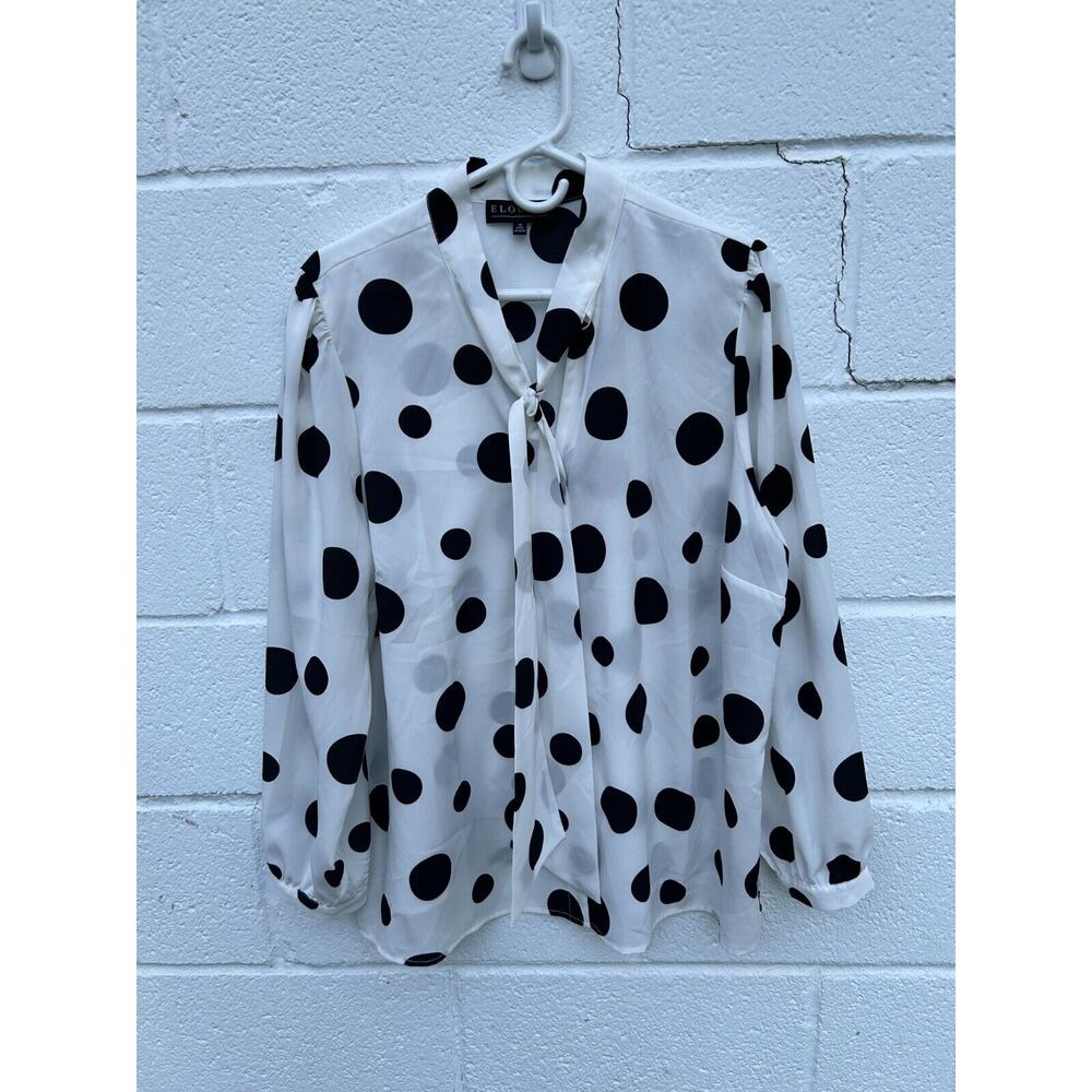 Eloquii Shirt Blouse Front Tie Neck White w/Polka Dot Puff Sleeves Size 18 POLY